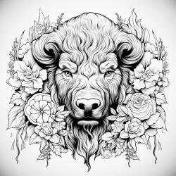 bison front pose highly detailed black outline mandalas theme floral elements no grayscale epic illustration masterpiece