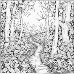 write a prompt for the colouring idea a forest path with colored leavesremember it must be in black and whiteso that the adult will be the one to colour it not more than 300 characters