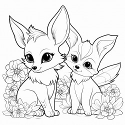 a unicorn and a fennec fox sit in the flowers