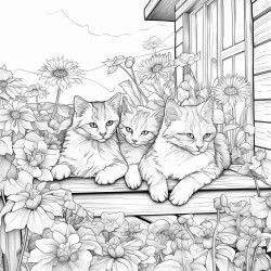 two cats sleeping on the edge of a veranda of a farm house sunflowers in the background
