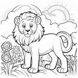 a lion in the forest with a rainbow