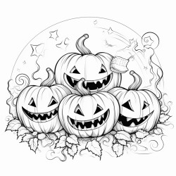 a group of smiling pumpkins with bats flying around a full moon