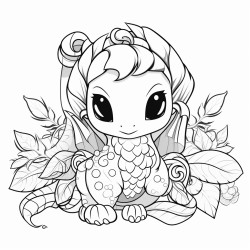 kawaii somewhat detailed nature dragon big eyes chibi with leaves and flowers growing on her scales chibi dragon patter kawaii nature dragon