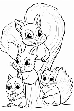 a happy family of squirrels on a tree