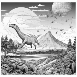 jurassic landscape with volcano and dinosaurs
