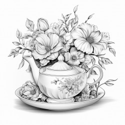 tea cups and saucers tea pot with floral design on tea bag