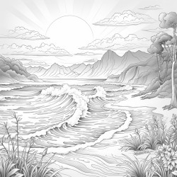 sunrise over ocean and mountains