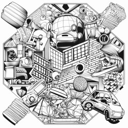 nefarious crime collage with illegal substances filling the background and geometrical designs coloring page
