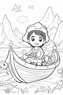 pirate sitting inside a pumpkin boat mountains in the background