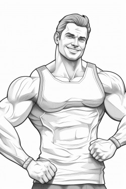 a handsome male bodybuilder in a speedo smiling and flexing his bicep