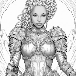 create an image of a woman warrior with african features putting on a breast plate detailed and decorative background