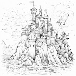 castle on a rocky hill over the water with a dragon flying out of the water