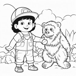 8 year old boy wearing overalls and a baseball cap in a garden handing a watermelon to a bigfoot