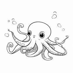 kids coloring page with octopus black and white simple line art style minimalist drawing white background style raw