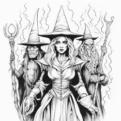 short female witch surrounded by three tall guys dressed in classic horror costumes