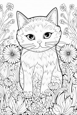 a grey furry old cat with grumpy green eyes its tail curled around itself the background is a huge full flower garden