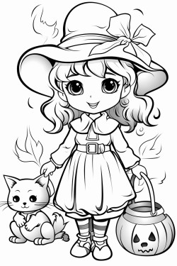 adorable witch with a cat and cauldron