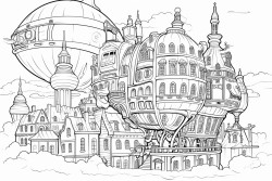 steampunk airship in the sky hovering over victorian buildings