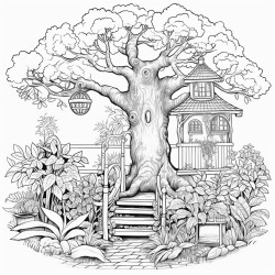 a beautiful garden with a big tree in the middle