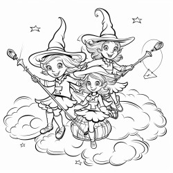3friendly witches flying on broomsticks