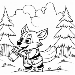 fox in the forest putting out fires with a fire hose