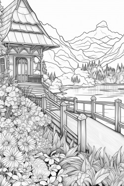 a hours in switzerland landscape with a quaint stone house surrounded by flowers wooden dock extending into a lake