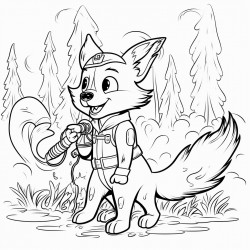 fox in the forest putting out fires with a fire hose