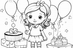 birthday postcard for small girl with cake toys balloons gifts