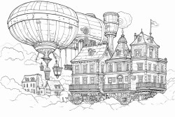steampunk airship in the sky hovering over victorian buildings