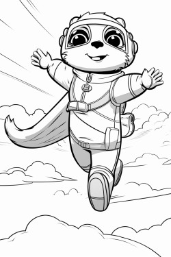 super power kid flying in the sky looking at me and smiling with his friend next to him as a flying masked otter