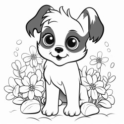 bolt and simpel black and wite coloring page of cute puppy sarounded by flowers clipart style