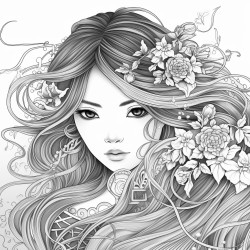 greyscale adult coloring page with manga woman with long hair
