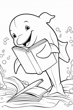 dolphin reading a book at an underwater library