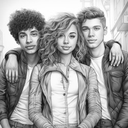 draw a friends group 2 older teen boys and 1 teen girl who is around 15