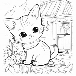 a cute kitten sitting outside her house