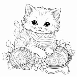 can you design a coloring sheet with a cute chubby cat playing with yarn