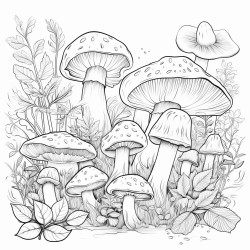 create a blackandwhite coloring page of mushrooms growing on a forest floor show mushrooms of various shapes and sizes with bold outlines nestled among simple details like leaves small rocks and grass keep the design uncluttered with large spaces