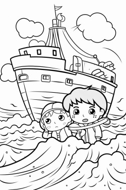 worried boys working in a big boat with a big storm