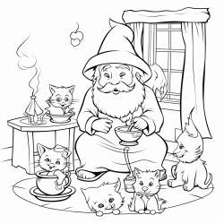 happy wizard in a room playing with cats