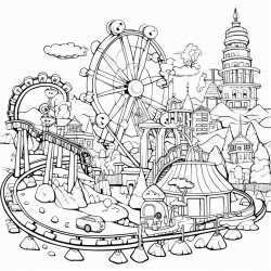 a kawaii amusement park with abandoned rides and spooky attractions