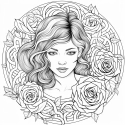 female with rose on head in a maze garden