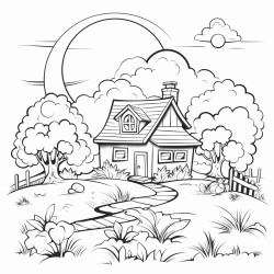 seasonal sutumn colouring age with pumpinks a cottage around a forest sunset with some small clouds