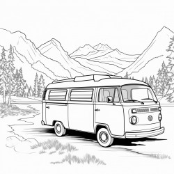 a camper van parked next to a calm lake some kids