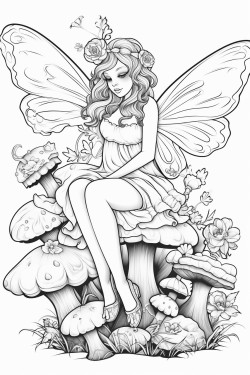 a fairy sitting on a mushroom surrounded by butterflies