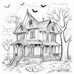 a spooky but not too scary haunted house with bats flying around and a ghost peeking out of a window