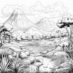 jurassic landscape with volcano and dinosaurs