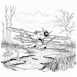 a swamp scene with an old airplane flying above