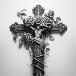 ivy wrapping around a thick wooden cross with a female hand coming up from bottom with a red rose