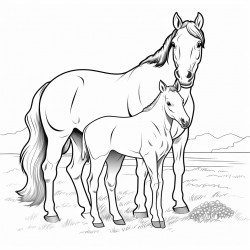 mare quarter horse out on a pasture with her colt eating grass