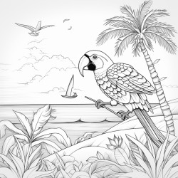 generating a highresolution 8k coloring book illustration of generating a highresolution 8k coloring book illustration of a tropical island with a surfing parrot with ride the waves in fun beachy font palm trees surfboards and coconuts add detail
